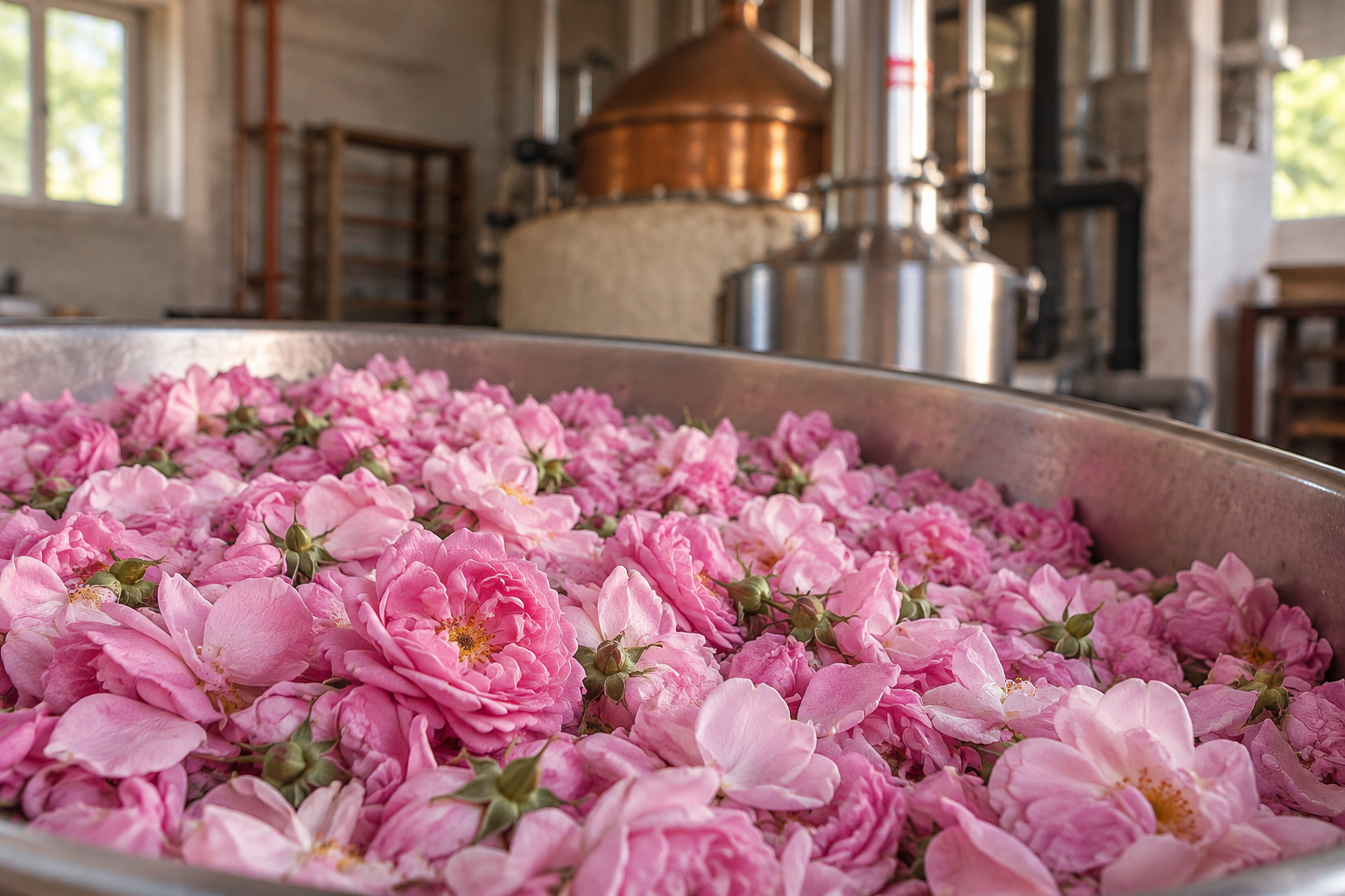 Rosa Damascena harvest and distillation